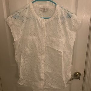 White eyelet button down top